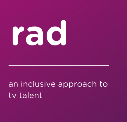 white text on purple background that says rad: an inclusive approach to tv talent