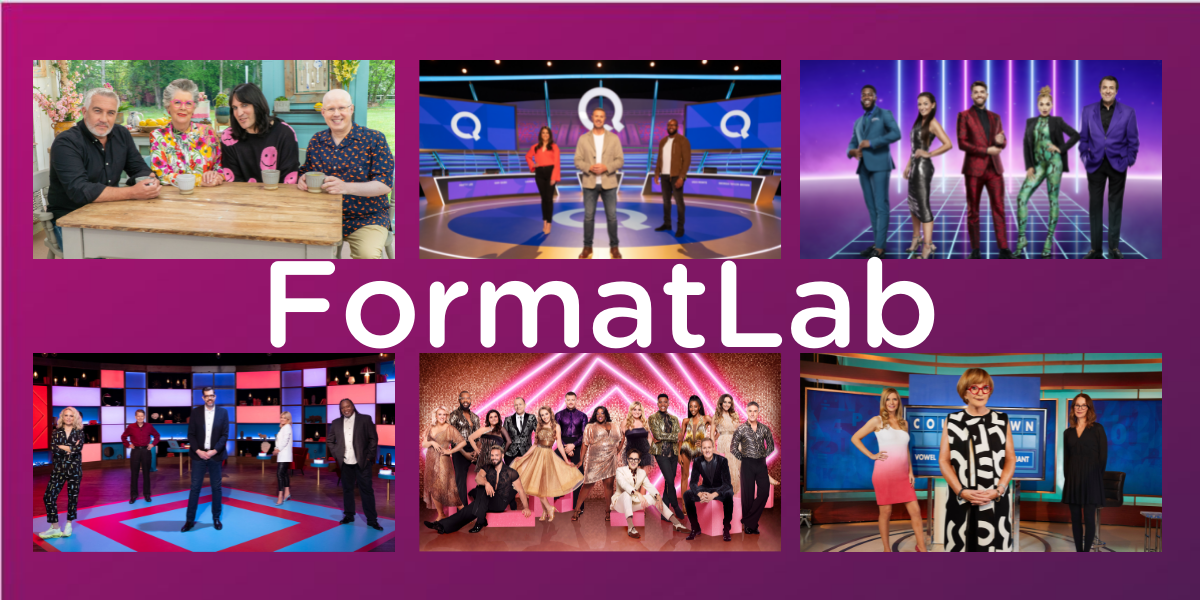 FormatLab logo with images of Great British Bake Off, Question of Sport, The Masked Singer, House of Games, Strictly Come Dancing and Countdown