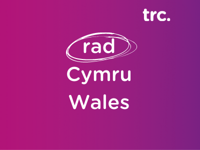 purple and pink gradient background with white text which reads rad Cymru Wales