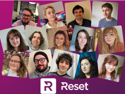 pink and purple gradient background with headshots of 13 interns